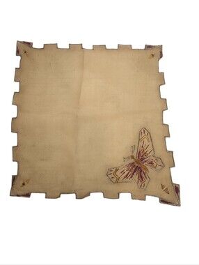 Vintage Butterfly Embroidered Beige Delicate Handkerchief Hankie Notched Edge